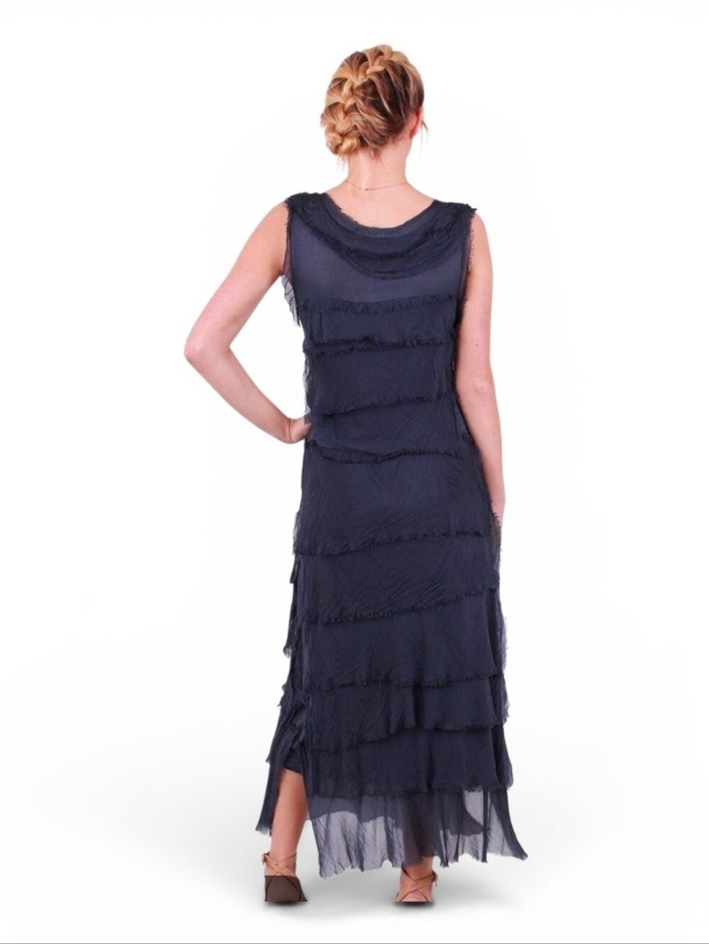 KARAMEL ITALY Navy Silk Blend Tattered Dress